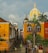 A vibrant street scene in a historic town features colorful colonial architecture. The buildings are painted in bright yellow and orange hues, and there is a large white and yellow dome visible in the background. Lush palm trees add a tropical feel, and numerous people are walking and interacting along the cobblestone path. The Museo Naval del Caribe is prominently marked on one of the buildings.