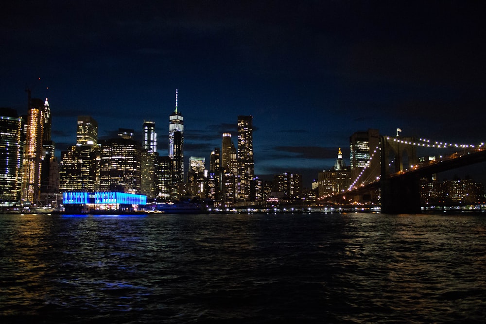 lighted bridge and buildings at night time