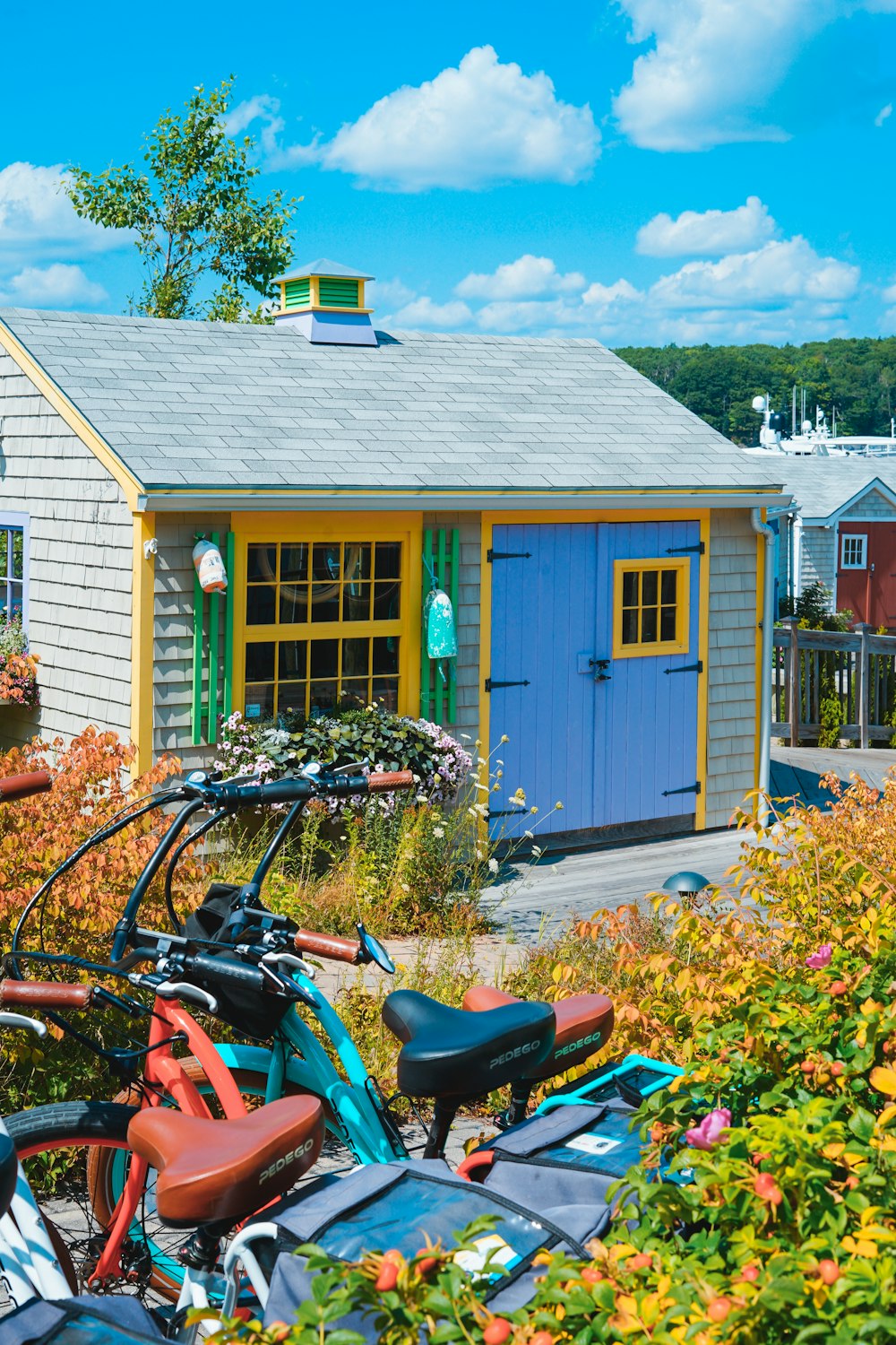 Biciclette parcheggiate vicino alla casa blu e grigia durante il giorno