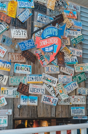 Customer selecting a license plate design in a retail store.