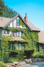A charming inn with ivy-covered walls, large windows, and a rustic design. The building features a steep gabled roof, a central chimney, and is surrounded by a lush garden with various plants and flowers.