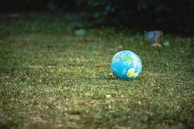A textured grass field with a colorful inflatable globe lying on it, showing detailed geographic illustrations. The globe contrasts with the natural green surroundings, suggesting a playful outdoor setting.