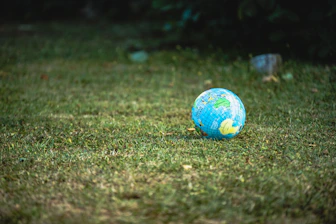 blue and white desk globe on green grass field during daytime