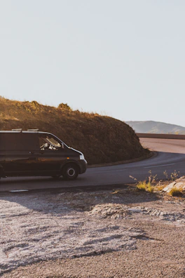 A scenic view of a Paw Voyage LLC van driving through a sunny countryside road.