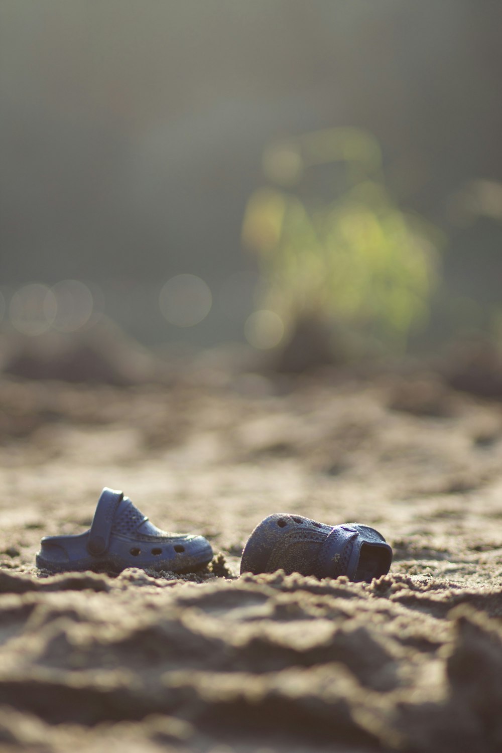 focus photo of pair of boy's black rubber clogs on brown soil at daytime