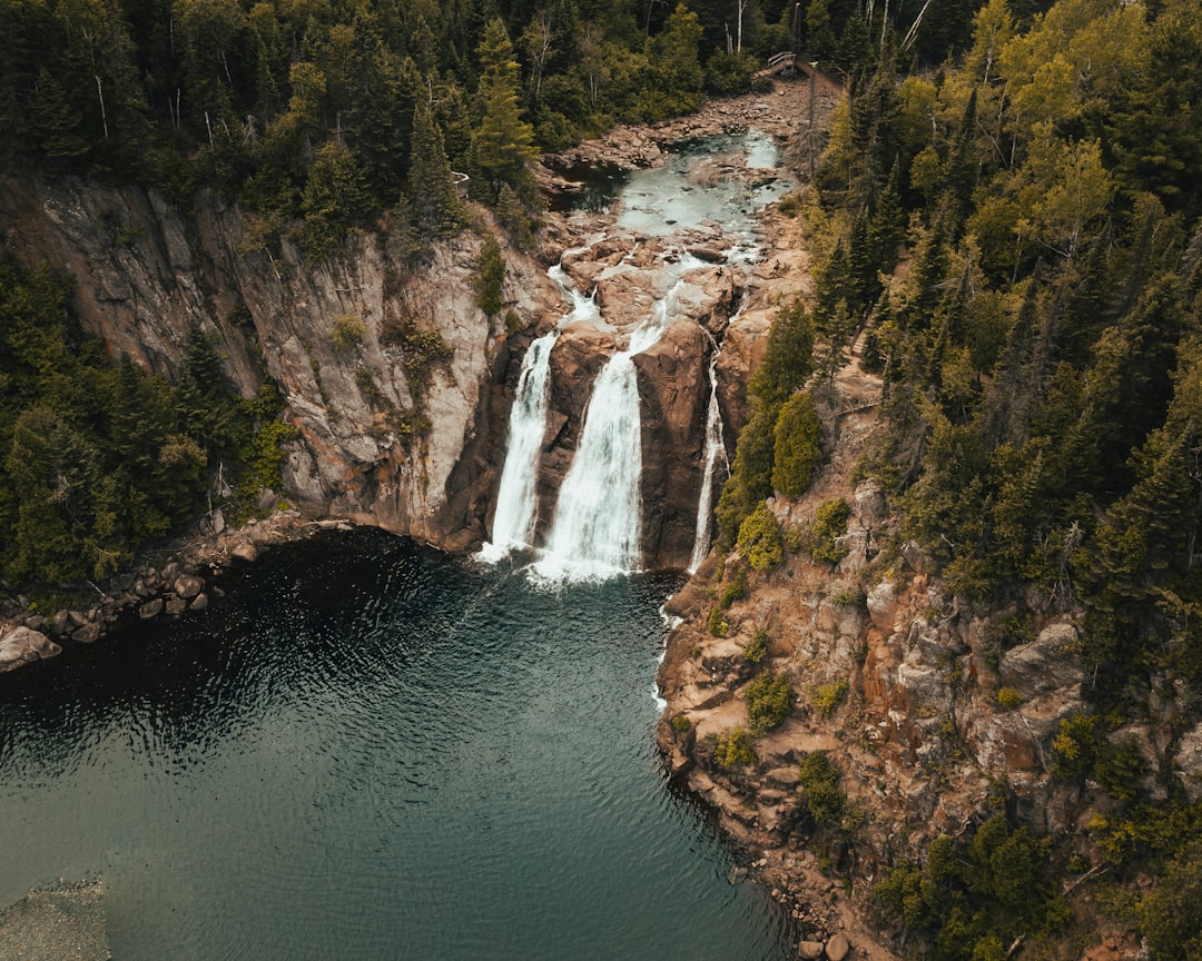 aerial view photography of waterfalls surrounded by pine trees