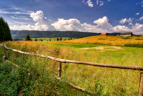 Traditional rural landscape with green fields and wooden fences maintained by the community.