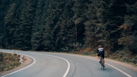 A cyclist wearing sports gear is biking along a winding road surrounded by dense, lush forest. The trees are tall and evergreen, creating a serene and natural environment. The road curves gently to the left, and there is a clear, smooth path ahead.