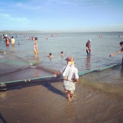 People engage in fishing activities by the shoreline on a sunny day. Some individuals are holding a fishing net, with others, including children, swimming and playing in the shallow water. The scene includes distant hills and a clear blue sky.
