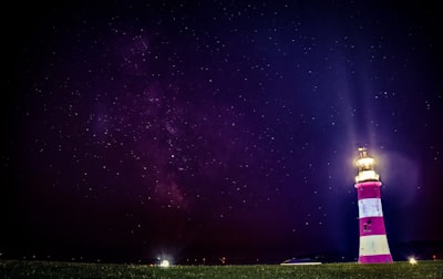 lighthouse turned on near green grass field plymouth teams background