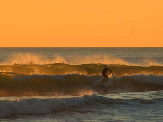 man surfing under yellow sky during daytime in Piha New Zealand