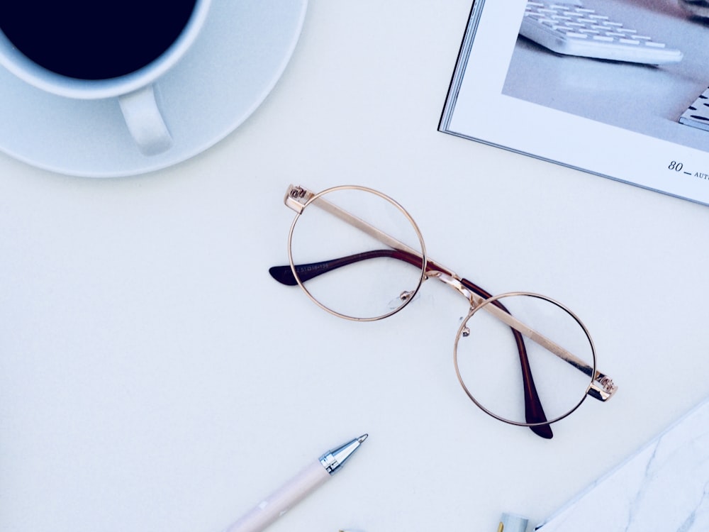 eyeglasses on white table