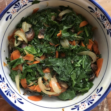 A bowl contains a colorful mix of sautéed vegetables, including kale, carrots, onions, and mushrooms. The vegetables appear to be freshly cooked and are placed in a white dish with a blue decorative rim.