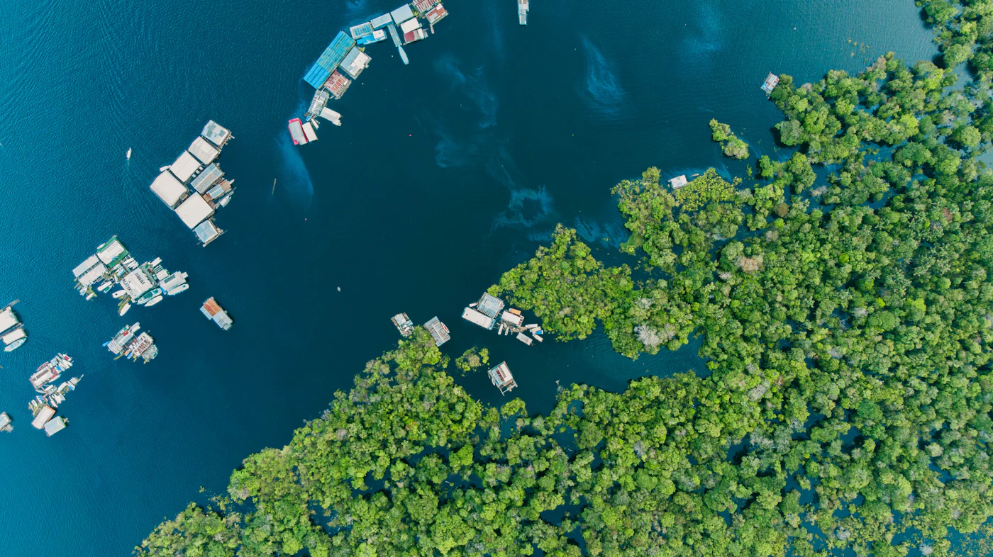 Vista aérea del río Amazonas y comunidades ribereñas cerca de Tefé, Amazonas, Brasil
