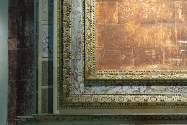 An ornate section of a wall featuring intricately carved frames in gold and earth tones. The frames have different layers of decorative patterns and are set against a background that appears to be a marbled design.