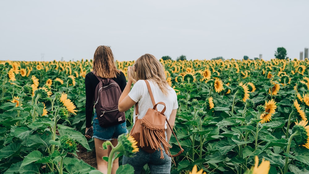 two women surrounded by sunflowers