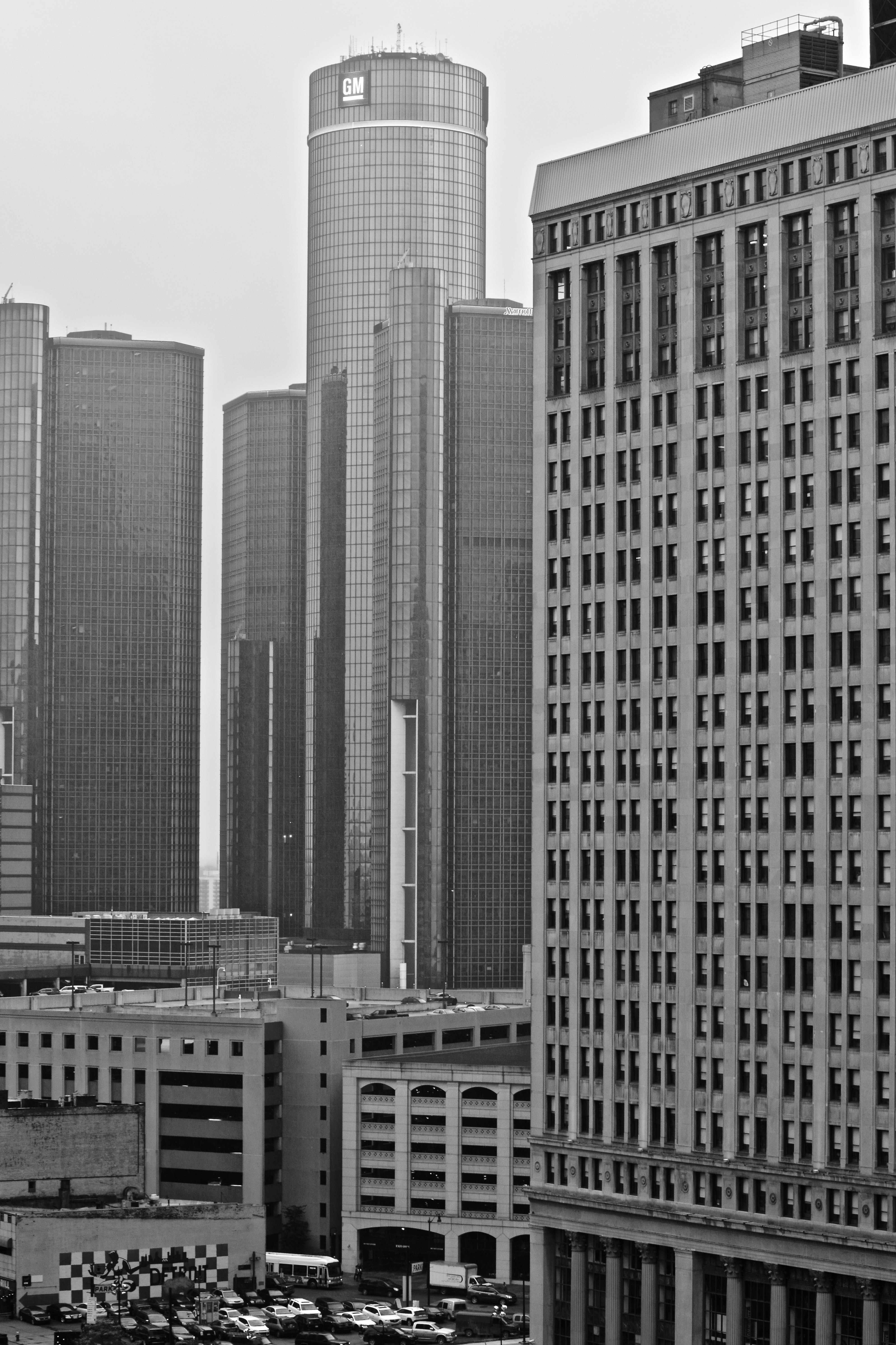 grayscale photography of high-rise buildings