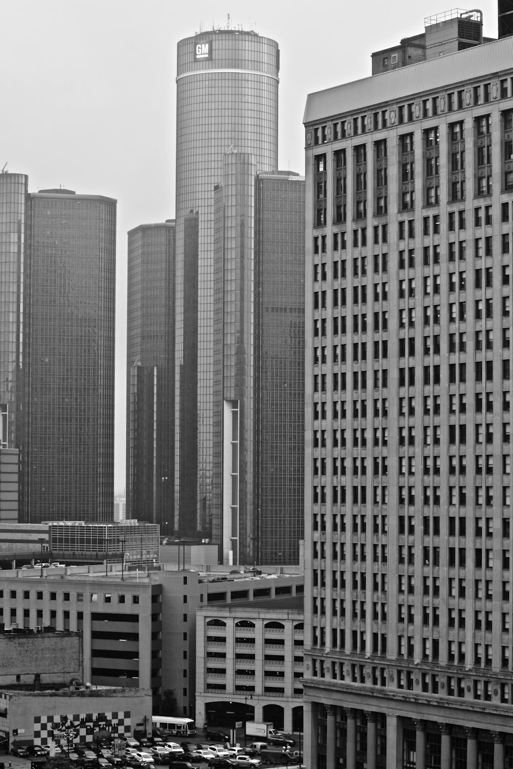 grayscale photography of high-rise buildings