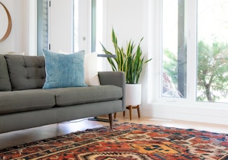 teal 2-seat couch and red area rug