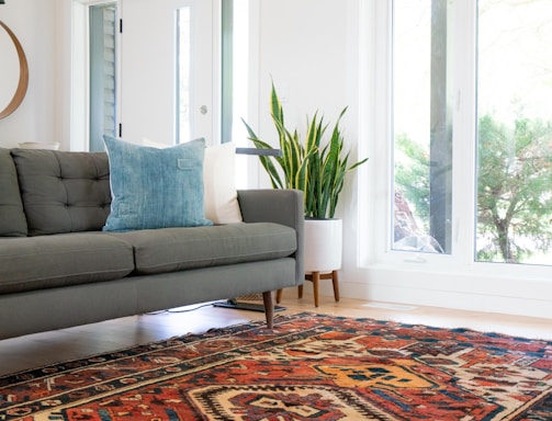 teal 2-seat couch and red area rug