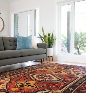 teal 2-seat couch and red area rug