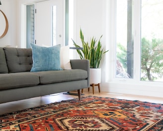 teal 2-seat couch and red area rug