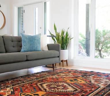 teal 2-seat couch and red area rug