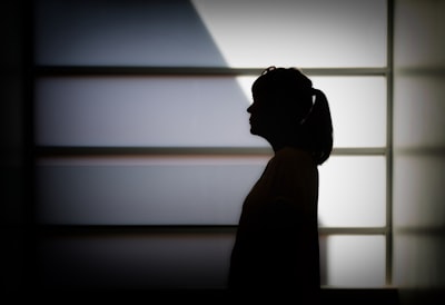 silhouette photo of woman standing near white framed glass window guest google meet background