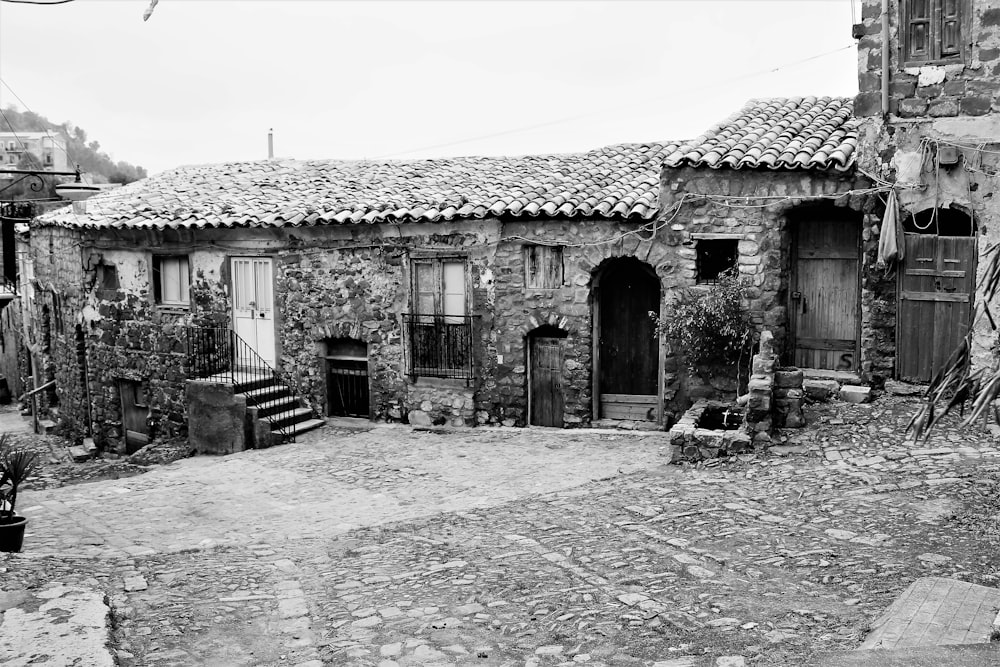 grayscale photo of house