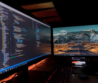 two black flat screen computer monitors