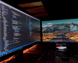 two black flat screen computer monitors