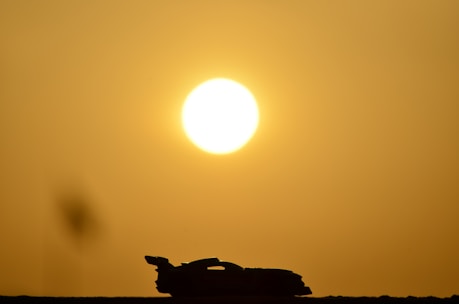 A sleek silhouette of a vintage 80s homologation special car against a sunset backdrop.