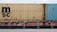 A close-up view of a freight train with stacked shipping containers. The upper container has a beige color with noticeable signs of rust and a large 'MSC' logo. The container below is partially visible and has a pinkish color. A blue container is seen adjacent to the beige one. The containers and the train feature some industrial details like labels and signs.