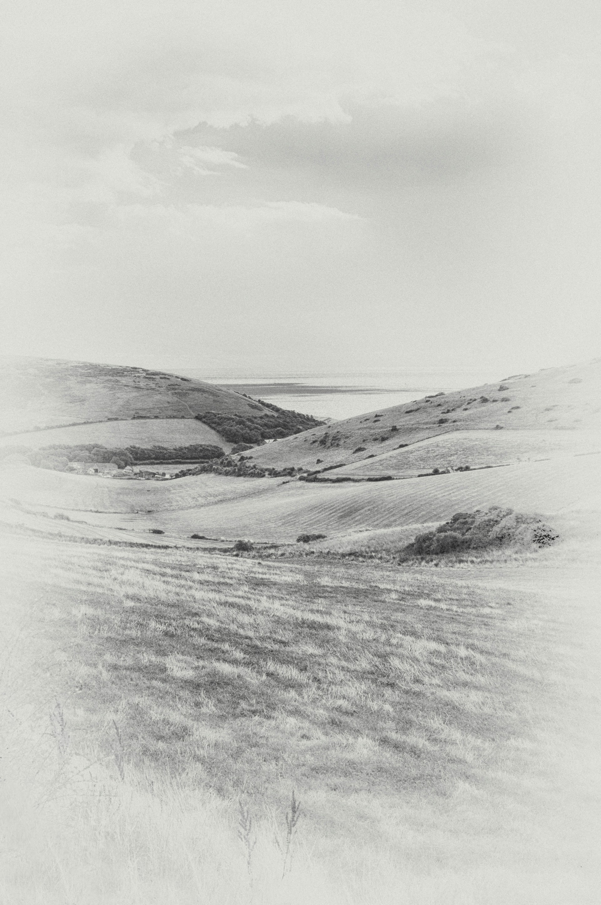 A minimalist landscape with soft pastel skies and gentle rolling hills.