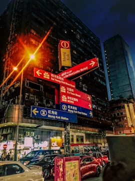 The image depicts a busy urban street scene at night with vibrant signage at the center. Illuminated red and blue directional signs point towards various destinations such as 'Ladies Market' and 'Mong Kok Station'. The background includes tall buildings with bright lights, contributing to the bustling atmosphere. Several cars are parked below, and the overall environment is lively and colorful.