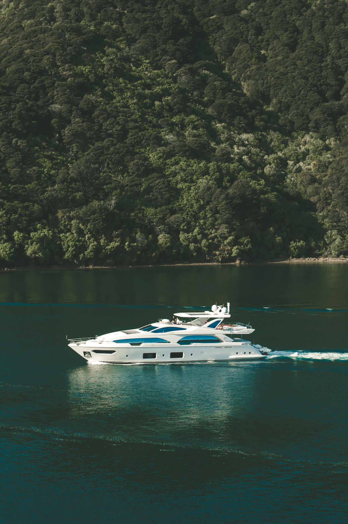 Modern white yacht cruising past a forested coastline.