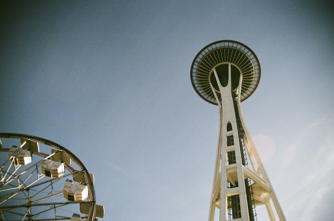 Oriental Pearl tower, A view from the amusement park of the Space Needle. Shot on 35 mm film.