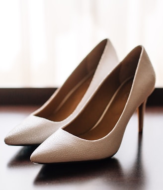 pair of women's brown pointed-toe pumps on board