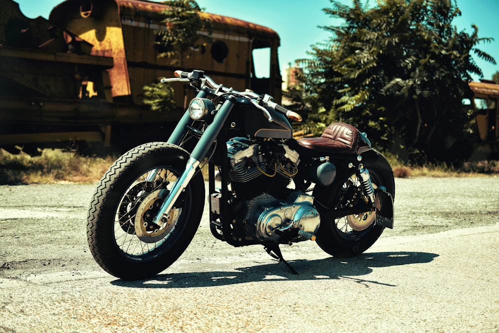black and brown bobber motorcycle