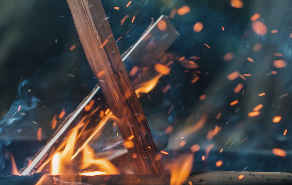 burning wood during nighttime painting