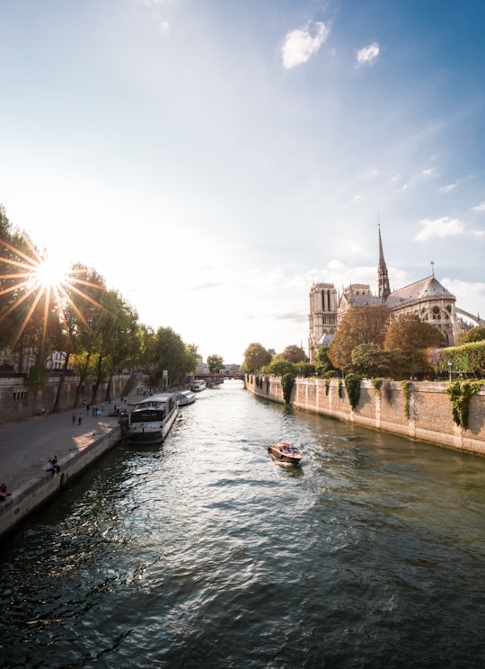 brown boat on body of water during daytime in Cathédrale Notre-Dame de Paris France