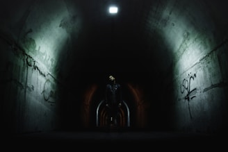 A person stands at the center of a dimly lit underground tunnel with graffiti on the concrete walls. The tunnel is illuminated by a single overhead light, and there is a sense of depth as the tunnel extends into darkness. The atmosphere is mysterious, and the lighting casts shadows that enhance the eerie ambiance.