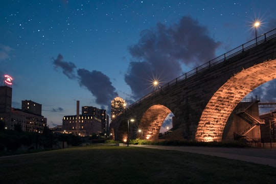 low-angle photo of brick bridge near buildings in Mill Ruins Park United States