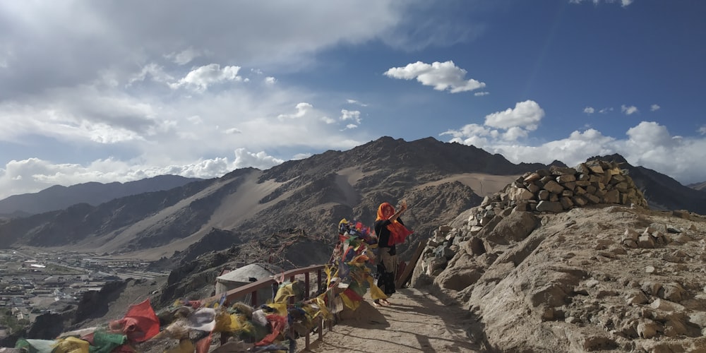 person standing on mountain under white clouds during daytime