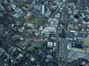 An aerial shot of a vibrant urban area with diverse architecture.
