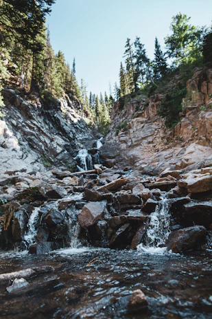 A serene mountain spring where Rain Drop sources its mineral water, surrounded by green trees.
