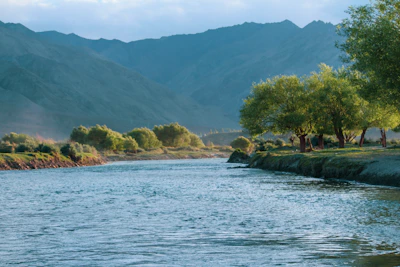The peaceful flow of the Ganges river framed by ancient temples under soft morning light.