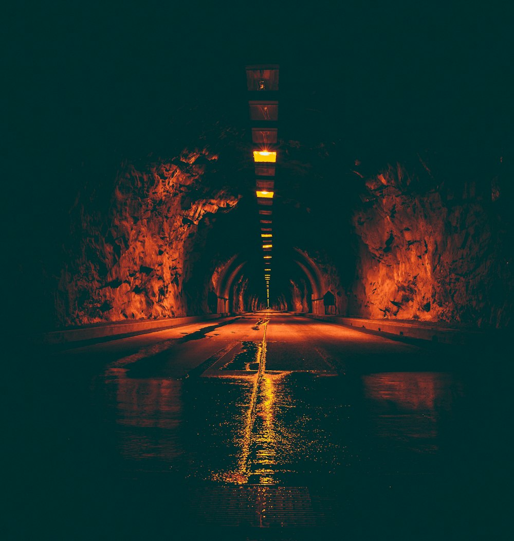 조명이 켜진 터널 도로