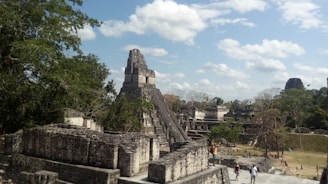 Ancient stone ruins with a large, stepped pyramid dominate the landscape, surrounded by scattered trees and a few clouds in the sky. Tourists are walking around the ruins, giving a sense of scale and human presence.