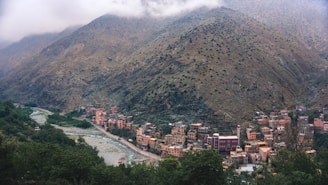 A picturesque village nestled in a mountainous region with a river running alongside. The houses are built closely together, displaying a mix of earthy tones and vibrant colors. The mountains in the backdrop are lush with patches of greenery and partially shrouded in mist, giving a serene and tranquil atmosphere.
